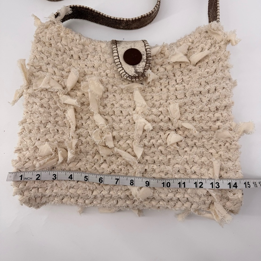 Handmade Boho Crochet Crossbody Bag Leather Trim‎ Satin Lined Neutral Rustic - Picture 9 of 15